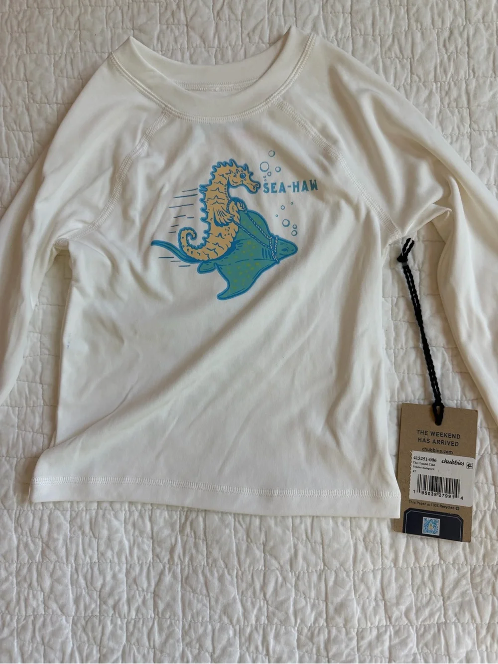 chubbies White Rashguard with Blue & Tan Seahorse Graphic